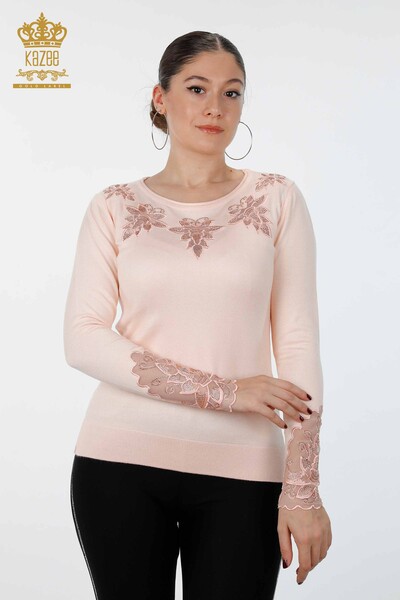 Wholesale Women's Knitwear Tulle Detailed Floral Embroidered Stone Embroidery - 16197 | KAZEE - Thumbnail