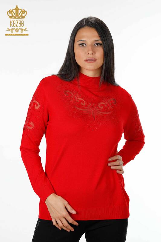 Wholesale Women's Knitwear Sweater Tulle Flower Detailed Stone Embroidered - 16771 | KAZEE