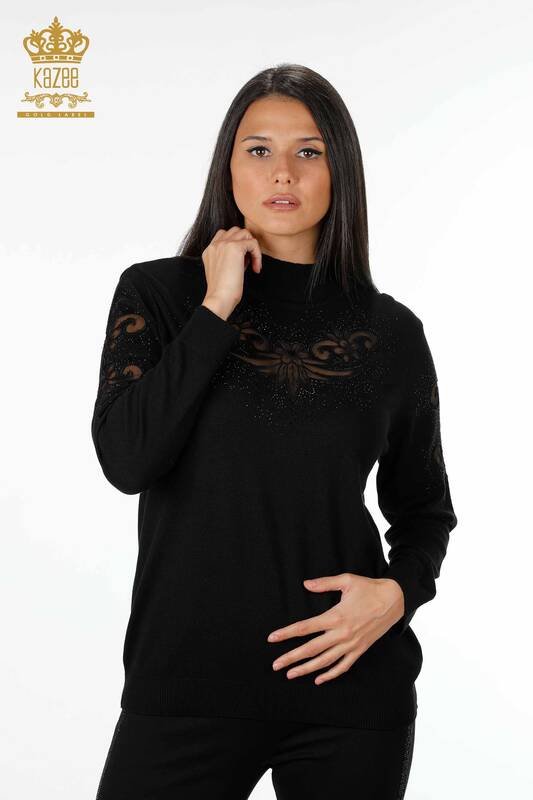 Wholesale Women's Knitwear Sweater Tulle Flower Detailed Stone Embroidered - 16771 | KAZEE
