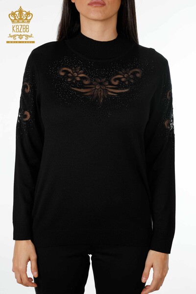 Wholesale Women's Knitwear Sweater Tulle Flower Detailed Stone Embroidered - 16771 | KAZEE - Thumbnail