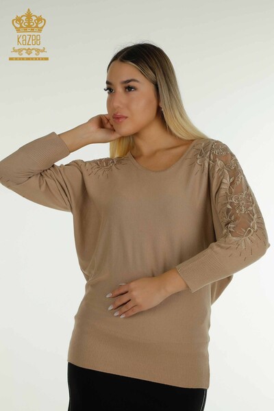 Wholesale Women's Knitwear Sweater with Tulle Detail Beige - 15699 | KAZEE - Thumbnail