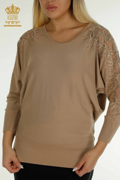 Wholesale Women's Knitwear Sweater with Tulle Detail Beige - 15699 | KAZEE - Thumbnail