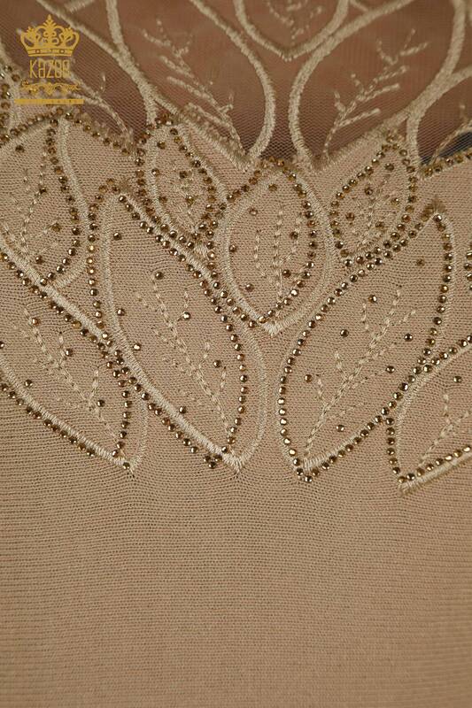 Wholesale Women's Knitwear Sweater with Tulle Detail Beige - 16942 | KAZEE