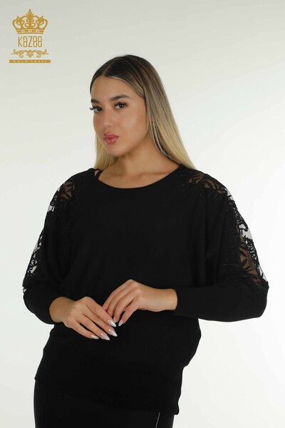 Wholesale Women's Knitwear Sweater Black with Tulle Detail - 15699 | KAZEE - Thumbnail