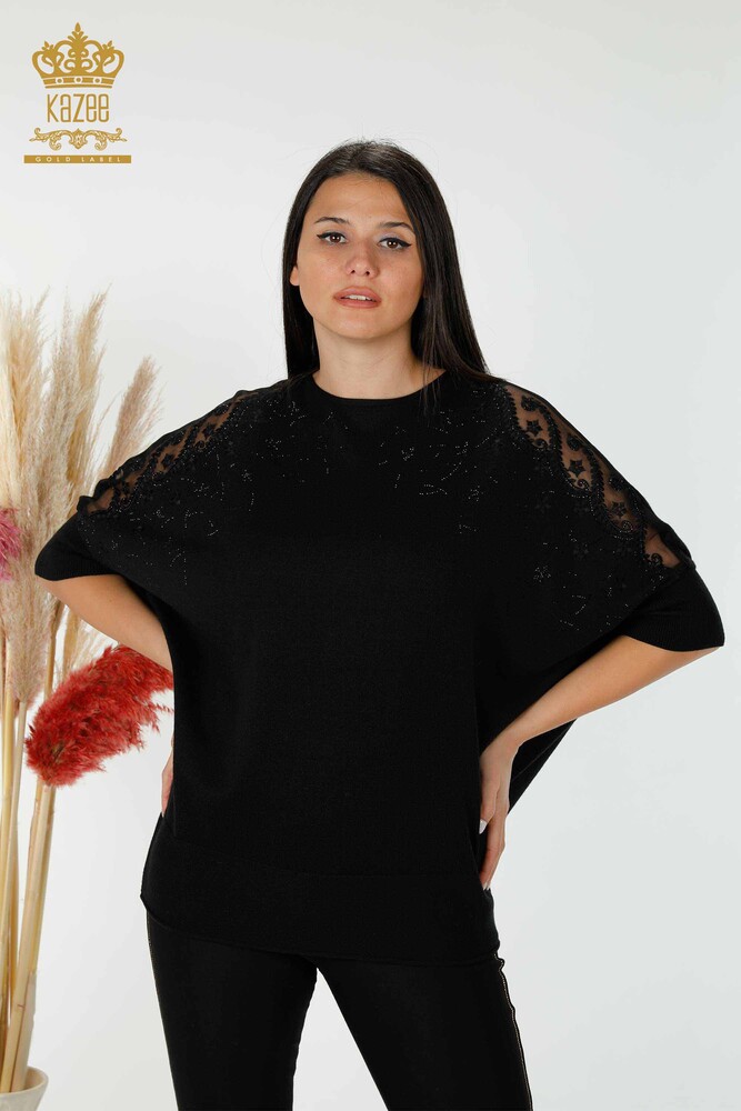 Wholesale Women's Knitwear Sweater Tulle Detailed Black - 16826 | KAZEE - 1