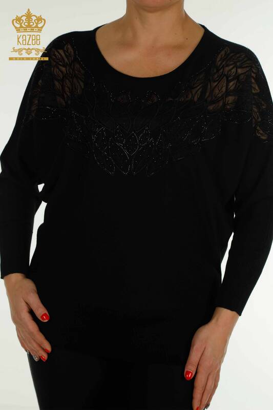 Wholesale Women's Knitwear Sweater with Tulle Detail Black - 16942 | KAZEE