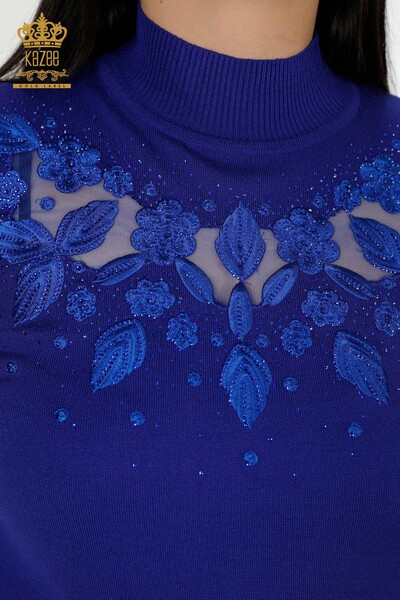 Wholesale Women's Knitwear Sweater Tulle Detailed Dark Blue - 30123 | KAZEE - Thumbnail