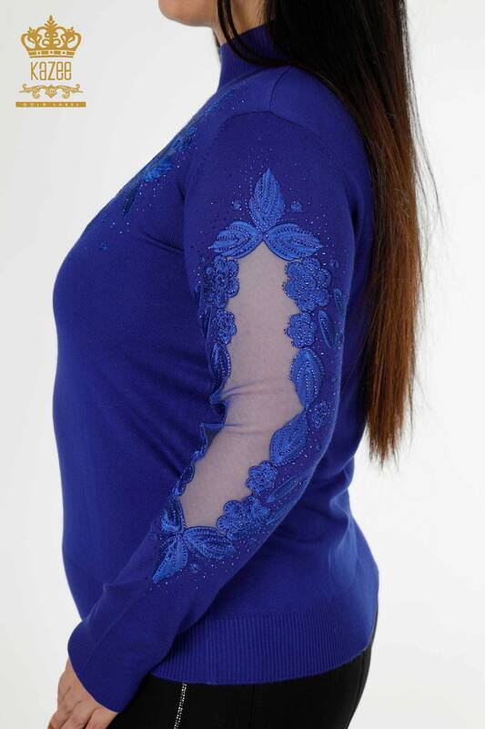 Wholesale Women's Knitwear Sweater Tulle Detailed Dark Blue - 30123 | KAZEE