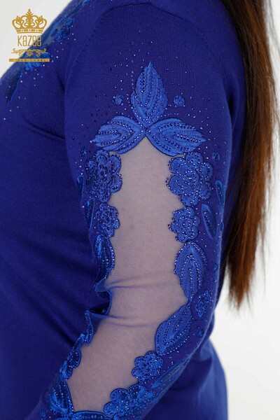 Wholesale Women's Knitwear Sweater Tulle Detailed Dark Blue - 30123 | KAZEE - Thumbnail