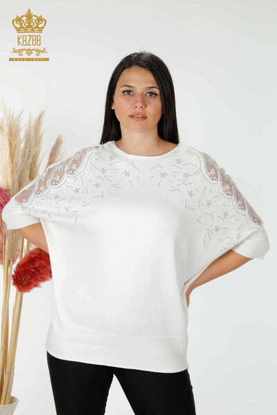 Wholesale Women's Knitwear Sweater Tulle Detailed Ecru - 16826 | KAZEE 