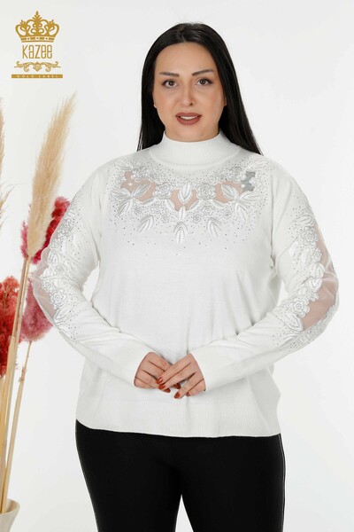Wholesale Women's Knitwear Sweater Tulle Detailed Ecru - 30123 | KAZEE 
