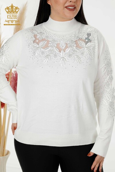 Wholesale Women's Knitwear Sweater Tulle Detailed Ecru - 30123 | KAZEE - Thumbnail