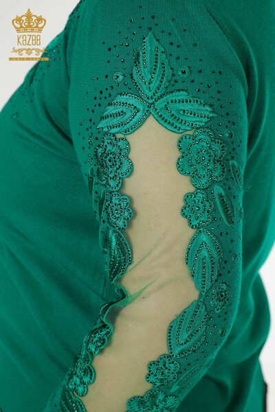 Wholesale Women's Knitwear Sweater Tulle Detailed Green - 30123 | KAZEE - Thumbnail