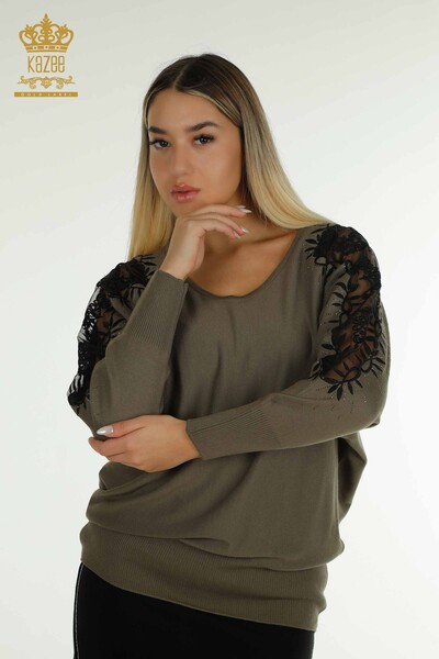 Wholesale Women's Knitwear Sweater Tulle Detailed Khaki - 15699 | KAZEE - Thumbnail