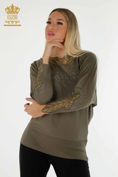 Wholesale Women's Knitwear Sweater Tulle Detailed Khaki - 30662 | KAZEE - Thumbnail