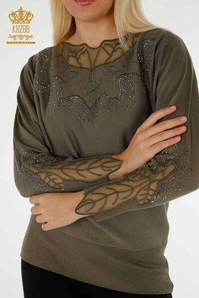 Wholesale Women's Knitwear Sweater Tulle Detailed Khaki - 30662 | KAZEE - Thumbnail