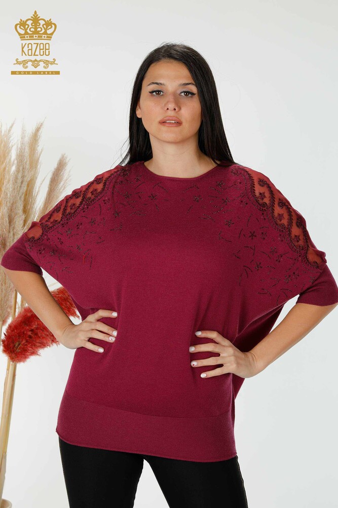 Wholesale Women's Knitwear Sweater Tulle Detailed Purple - 16826 | KAZEE - 1