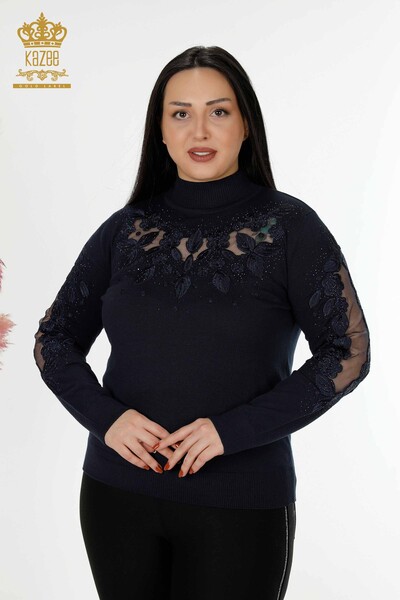 Wholesale Women's Knitwear Sweater Tulle Detailed Navy - 30123 | KAZEE - Thumbnail