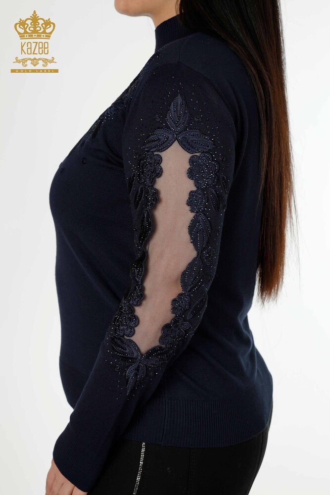 Wholesale Women's Knitwear Sweater Tulle Detailed Navy - 30123 | KAZEE - 4