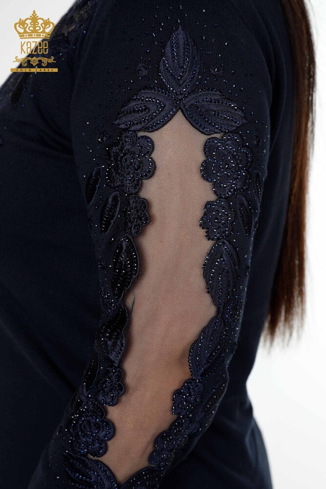 Wholesale Women's Knitwear Sweater Tulle Detailed Navy - 30123 | KAZEE - 5