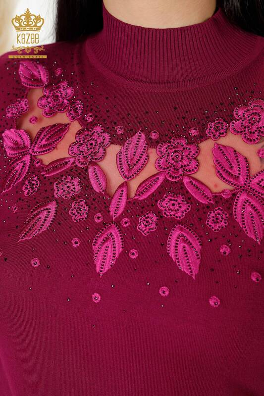 Wholesale Women's Knitwear Sweater Tulle Detailed Purple - 30123 | KAZEE