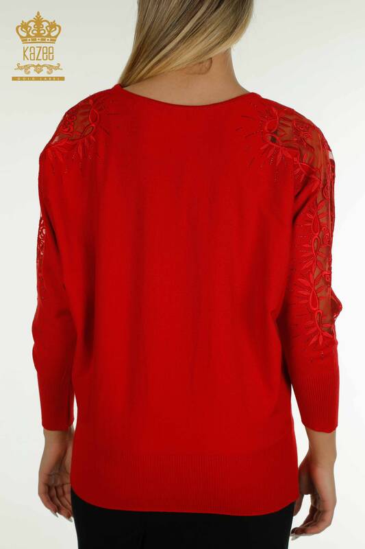 Wholesale Women's Knitwear Sweater Red with Tulle Detail - 15699 | KAZEE