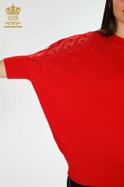 Wholesale Women's Knitwear Sweater Tulle Detailed Red - 16826 | KAZEE - 3