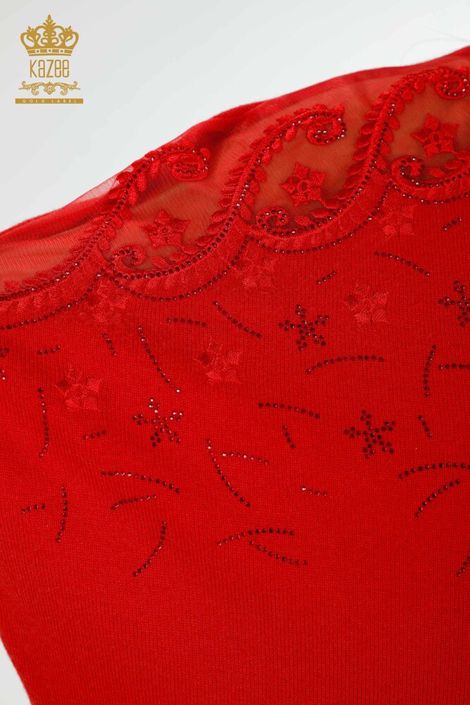 Wholesale Women's Knitwear Sweater Tulle Detailed Red - 16826 | KAZEE - 5