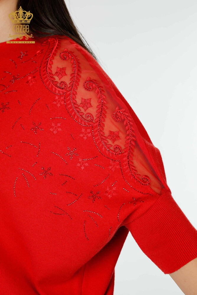 Wholesale Women's Knitwear Sweater Tulle Detailed Red - 16826 | KAZEE - 6