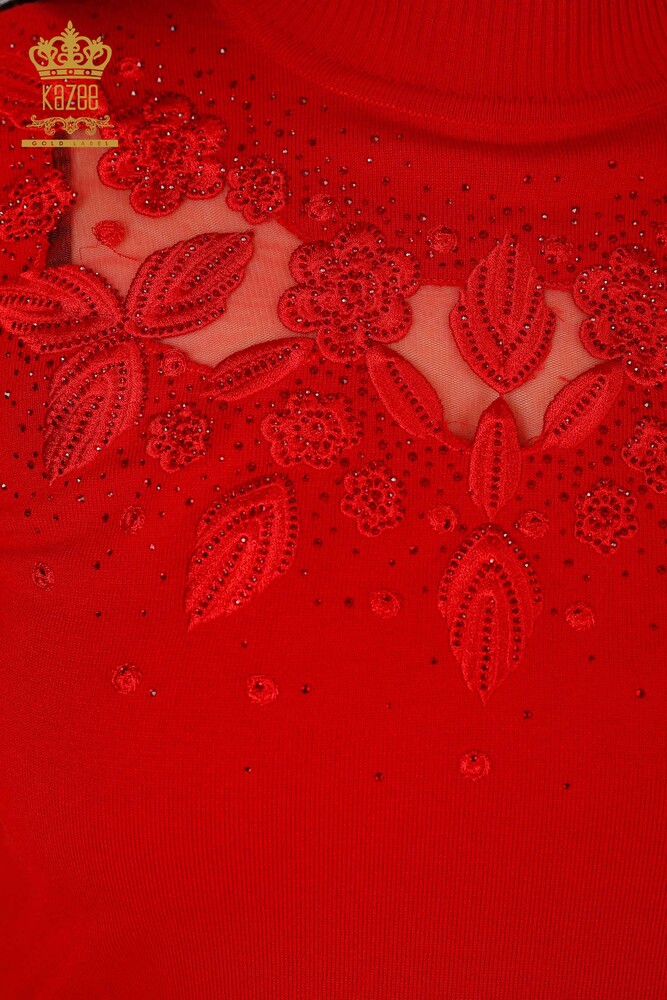 Wholesale Women's Knitwear Sweater Tulle Detailed Red - 30123 | KAZEE - 3