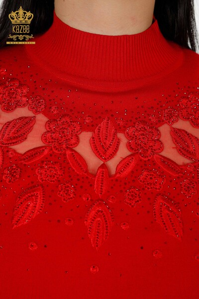 Wholesale Women's Knitwear Sweater Tulle Detailed Red - 30123 | KAZEE - Thumbnail