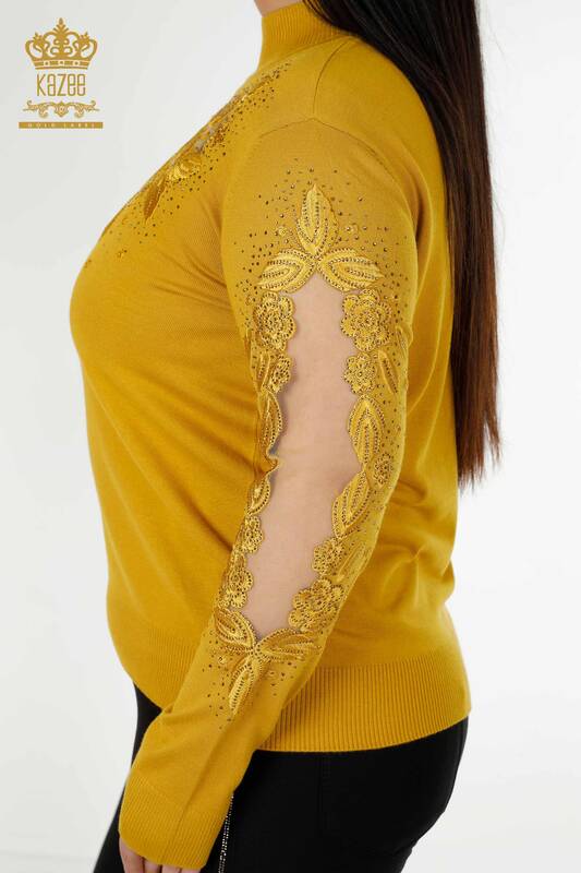 Wholesale Women's Knitwear Sweater Tulle Detailed Saffron - 30123 | KAZEE
