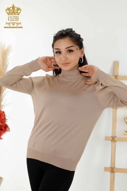 Wholesale Women's Knitwear Sweater Turtleneck Basic Beige - 11122 | KAZEE