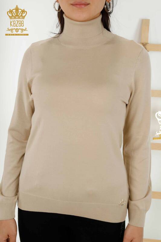 Wholesale Women's Knitwear Sweater Turtleneck Basic Light Beige - 11122 | KAZEE