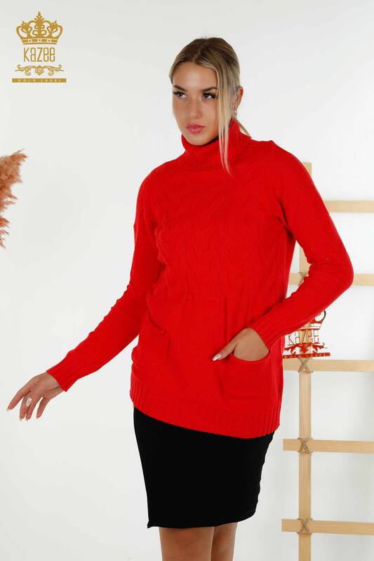 Wholesale Women's Knitwear Sweater Turtleneck Red - 30231 | KAZEE