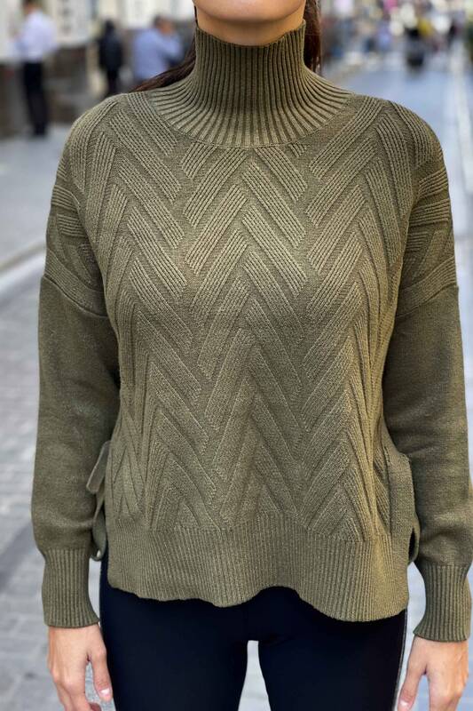 Wholesale Women's Knitwear Sweater Turtleneck Tied Sides - 19082 | KAZEE