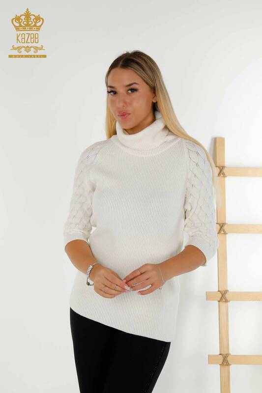 Wholesale Women's Knitwear Sweater Turtleneck Sleeve Detailed Ecru - 30560 | KAZEE