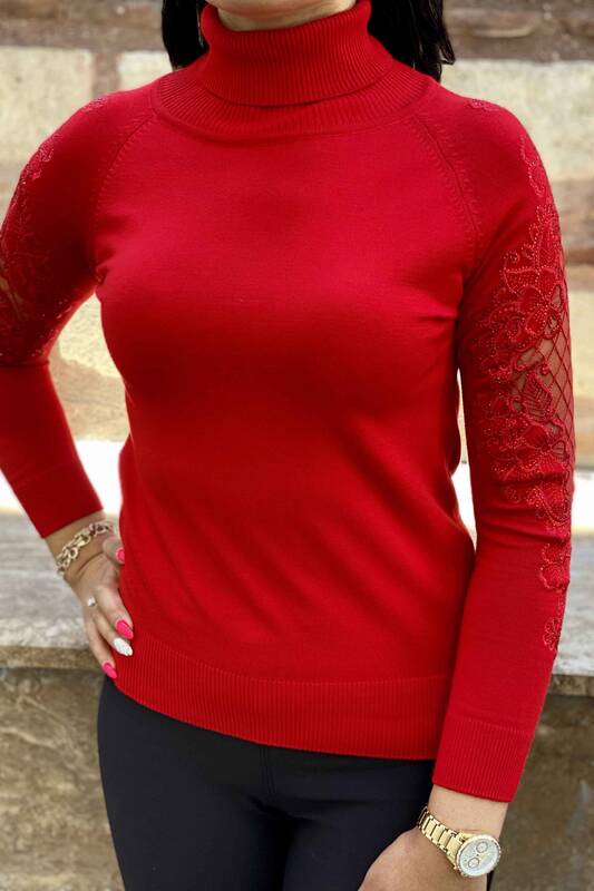 Wholesale Women's Knitwear Sweater Turtleneck Sleeve Tulle Detailed - 16064 | KAZEE