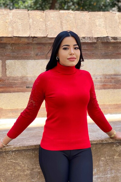Wholesale Women's Knitwear Sweater Turtleneck Sleeve Tulle Detailed - 16064 | KAZEE - Thumbnail