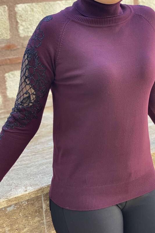 Wholesale Women's Knitwear Sweater Turtleneck Sleeve Tulle Detailed - 16064 | KAZEE