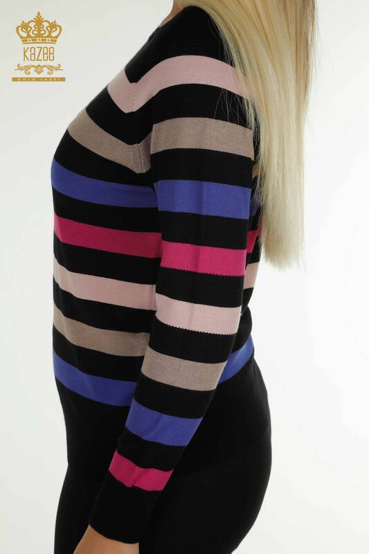 Wholesale Women's Knitwear Sweater Two Color Striped Black Fuchsia - 30786 | KAZEE