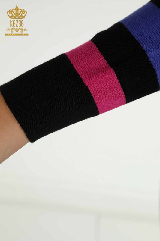 Wholesale Women's Knitwear Sweater Two Color Striped Black Fuchsia - 30786 | KAZEE