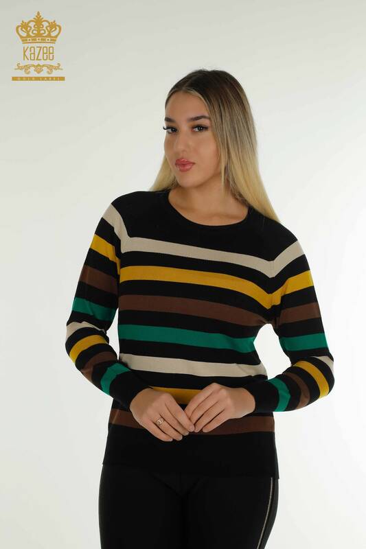 Wholesale Women's Knitwear Sweater Two Color Striped Black Saffron - 30786 | KAZEE