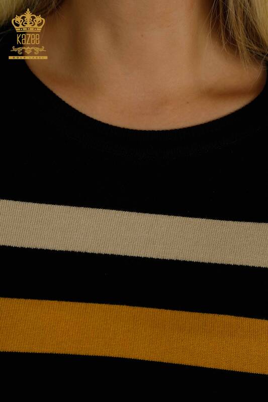 Wholesale Women's Knitwear Sweater Two Color Striped Black Saffron - 30786 | KAZEE