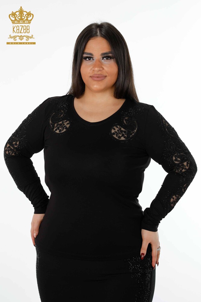 Wholesale Women's Knitwear Sweater V Neck Crystal Stone Embroidered Tulle Detail - 79008 | KAZEE - 18