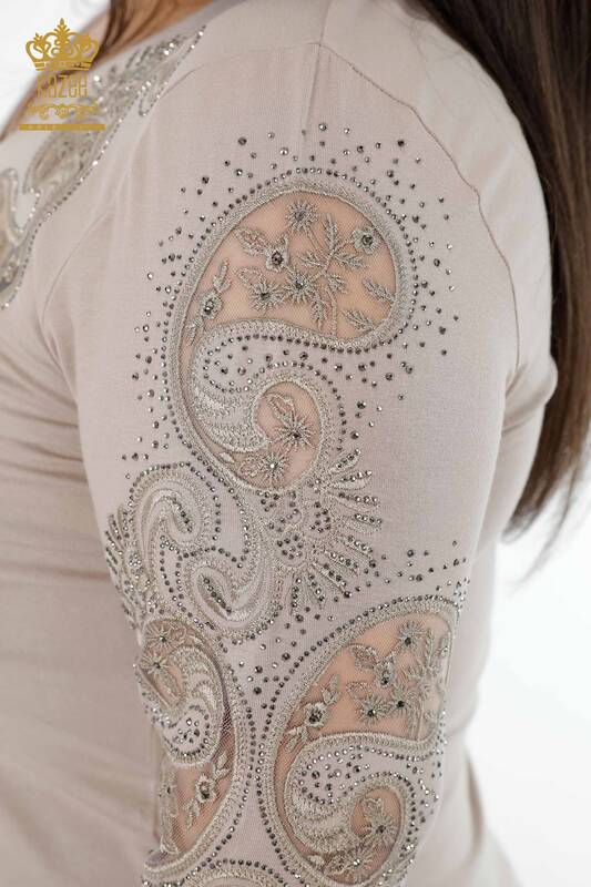 Wholesale Women's Knitwear Sweater V Neck Crystal Stone Embroidered Tulle Detail - 79008 | KAZEE