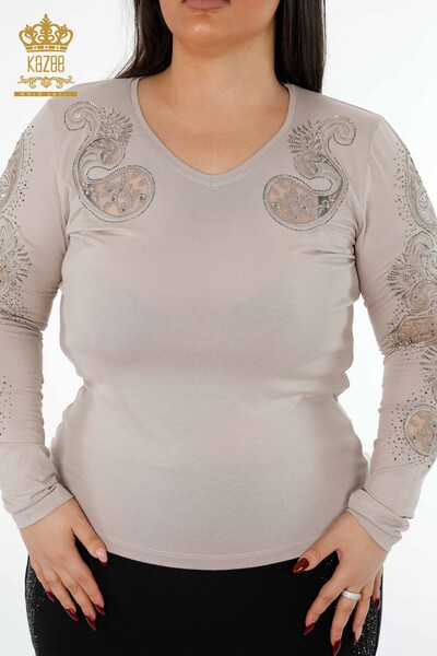 Wholesale Women's Knitwear Sweater V Neck Crystal Stone Embroidered Tulle Detail - 79008 | KAZEE - 36