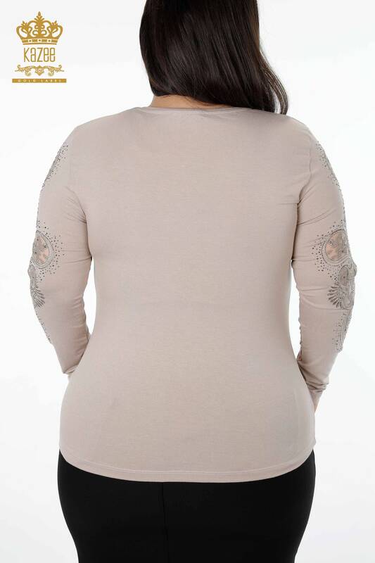 Wholesale Women's Knitwear Sweater V Neck Crystal Stone Embroidered Tulle Detail - 79008 | KAZEE