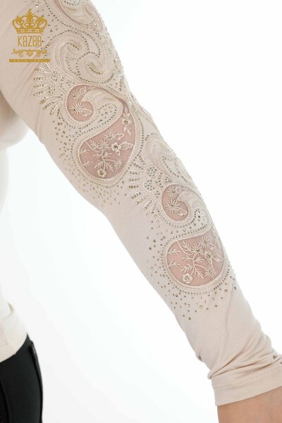 Wholesale Women's Knitwear Sweater V Neck Crystal Stone Embroidered Tulle Detail - 79008 | KAZEE - 45