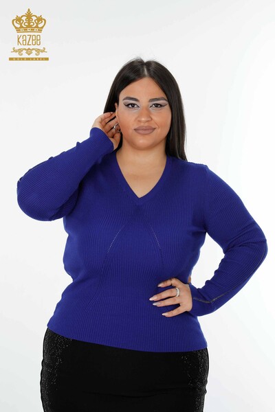 Wholesale Women's Knitwear Sweater V Neck Dark Blue - 16249 | KAZEE 